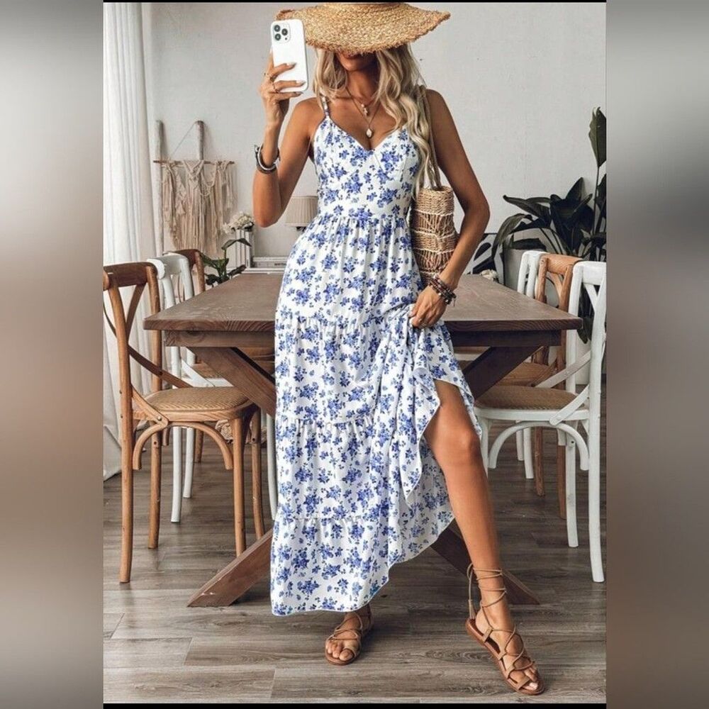 Blue Floral Spaghetti-Strap Maxi Dress, Open Back, Medium Size - Picture 7 of 10